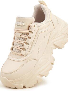 Women's Beige Leather Fashion Casual Dad Shoes Comfortable Walking Sneakers Shoe